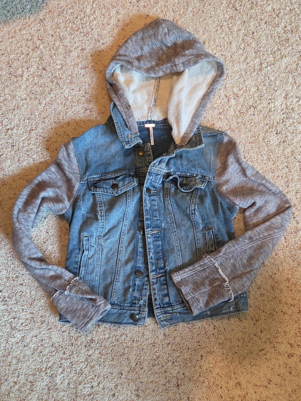 Free People blue denim jacket with cream knit hood
